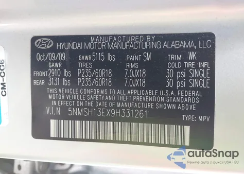 2009 Hyundai Santa Fe Limited from USA, damaged, VIN 5NMSH13EX9H331261